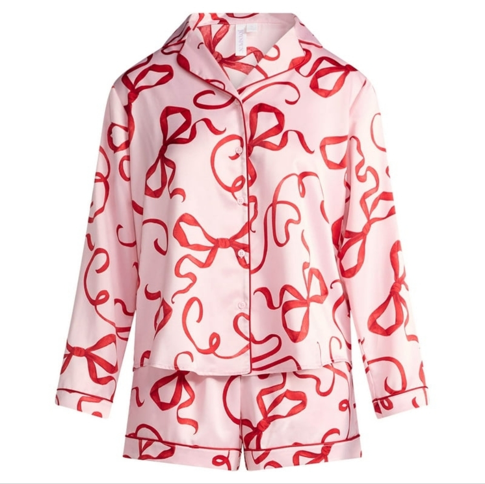 Joyspun Women’s Stretch Satin Notch Long Sleeve Top and Shorts Pajama Set